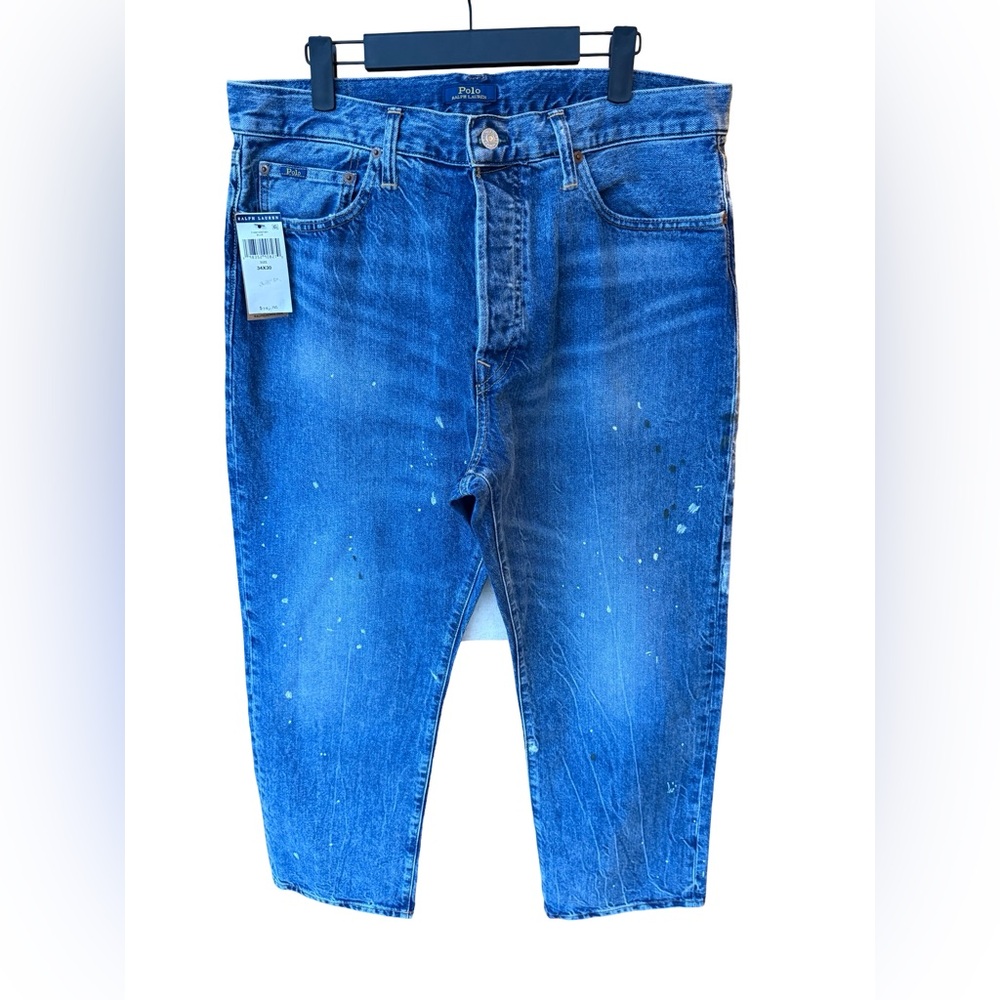 NWT Polo Ralph Lauren Men Paint Splatter Denim classic Straight Jeans Blue 34x30